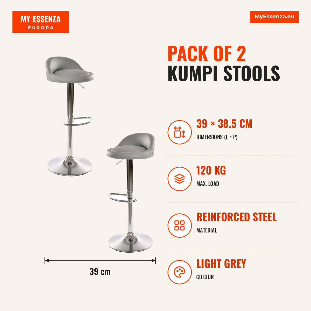 Pack 2 Bancos Kumpi — Cinza claro — Infografia | Infographic — dimensions
