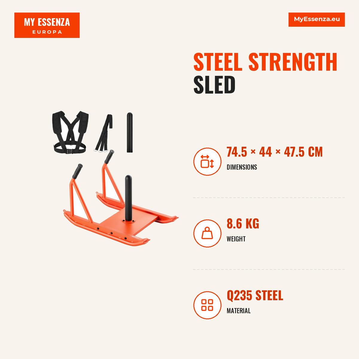 Trenó força aço, 25/51 mm, treino força atlético, laranja — Infografia | Infographic — dimensions