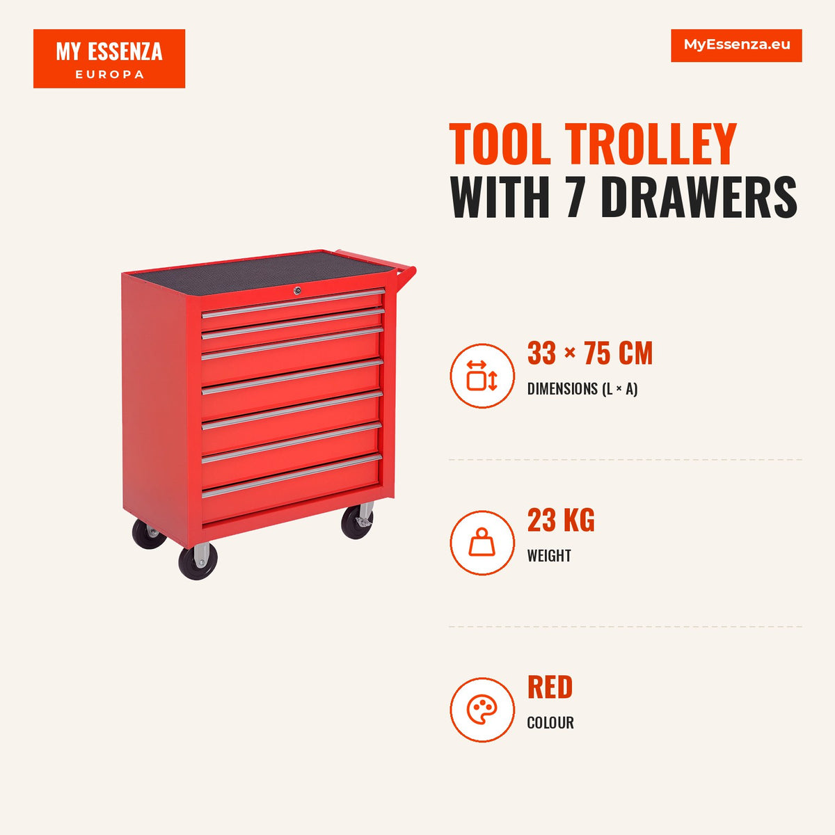 Carrinho de Ferramentas com 7 Gavetas, Carrinho de Oficina com Fechadura, Pega, 2 Rodas com Travão, para Garagem, Casa, Vermelho — Infografia | Infographic — dimensions