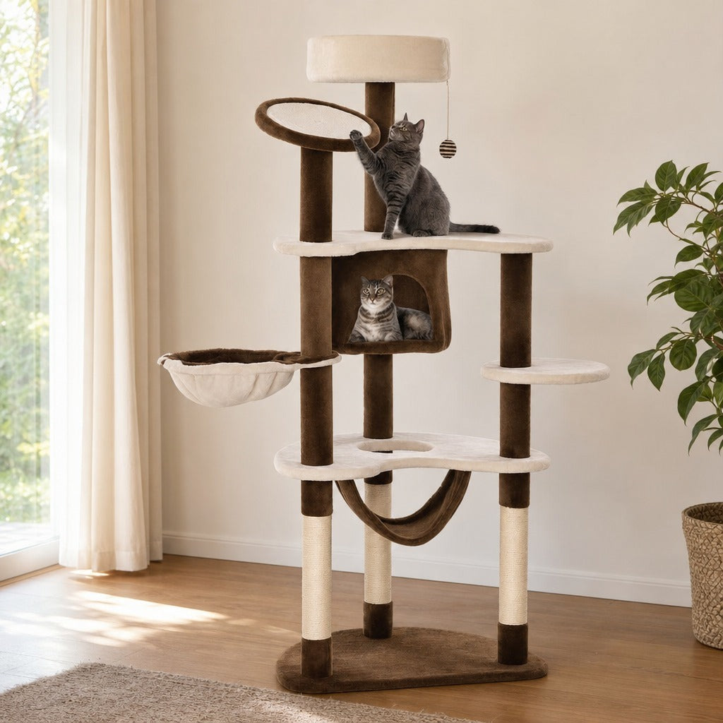 Árvore Arranhador para Gatos Grande Altura 153cm Torre de Escalada para Gatos com Caverna Redes Plataformas Postes Arranhadores de Sisal e Bola Suspensa Marrom e Bege — Ambiente | Lifestyle