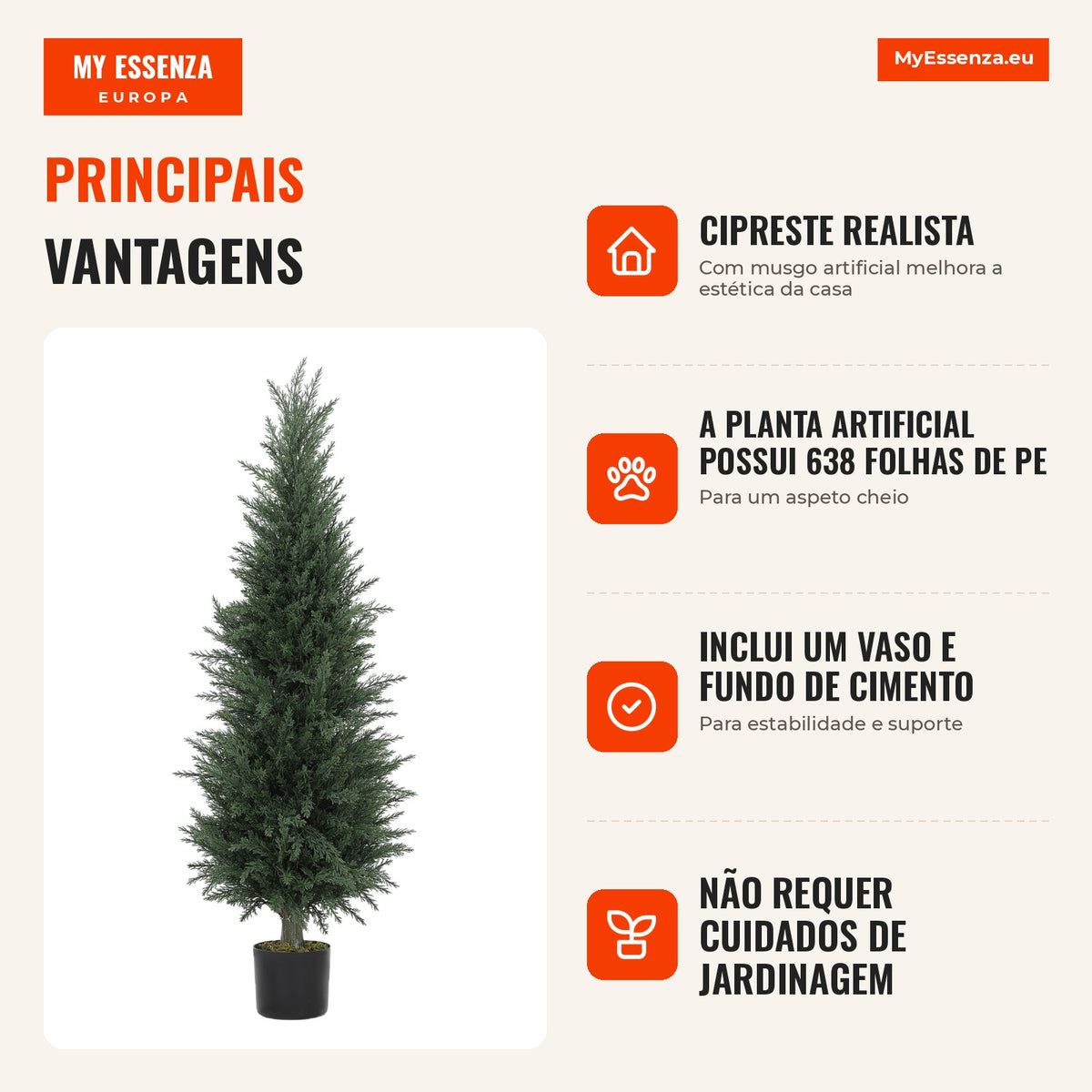 Planta Artificial Cipreste, 638 Folhas de Plástico, com Vaso, Resistente aos Raios UV, Verde — infografia 1