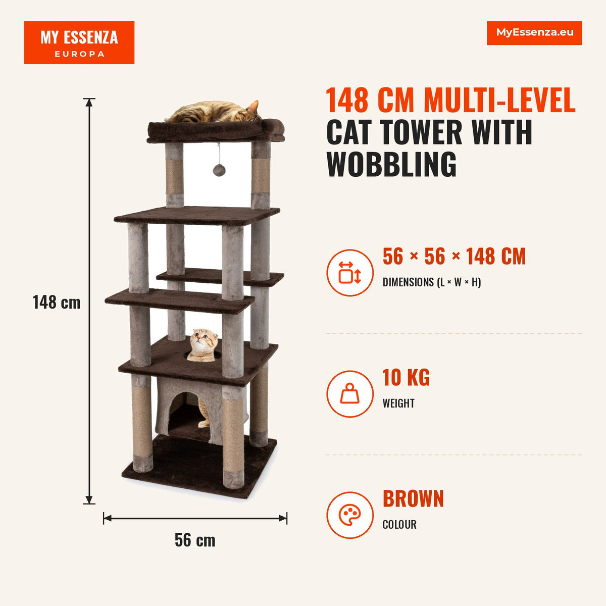 Torre Multinível para Gatos 148 cm com Condomínio Oscilante e Postes Rascadores — Infografia | Infographic — dimensions