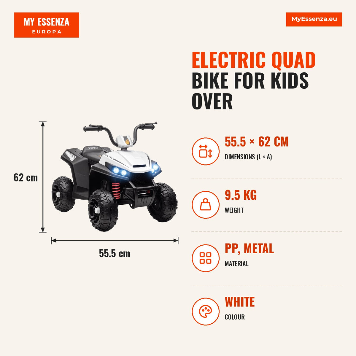 Quadriciclo Elétrico para Crianças acima de 3 Anos Carro Elétrico para Crianças com Bateria 12V Faróis e Música Carga 30 kg 85x55,5x62 cm Branco — Infografia | Infographic — dimensions