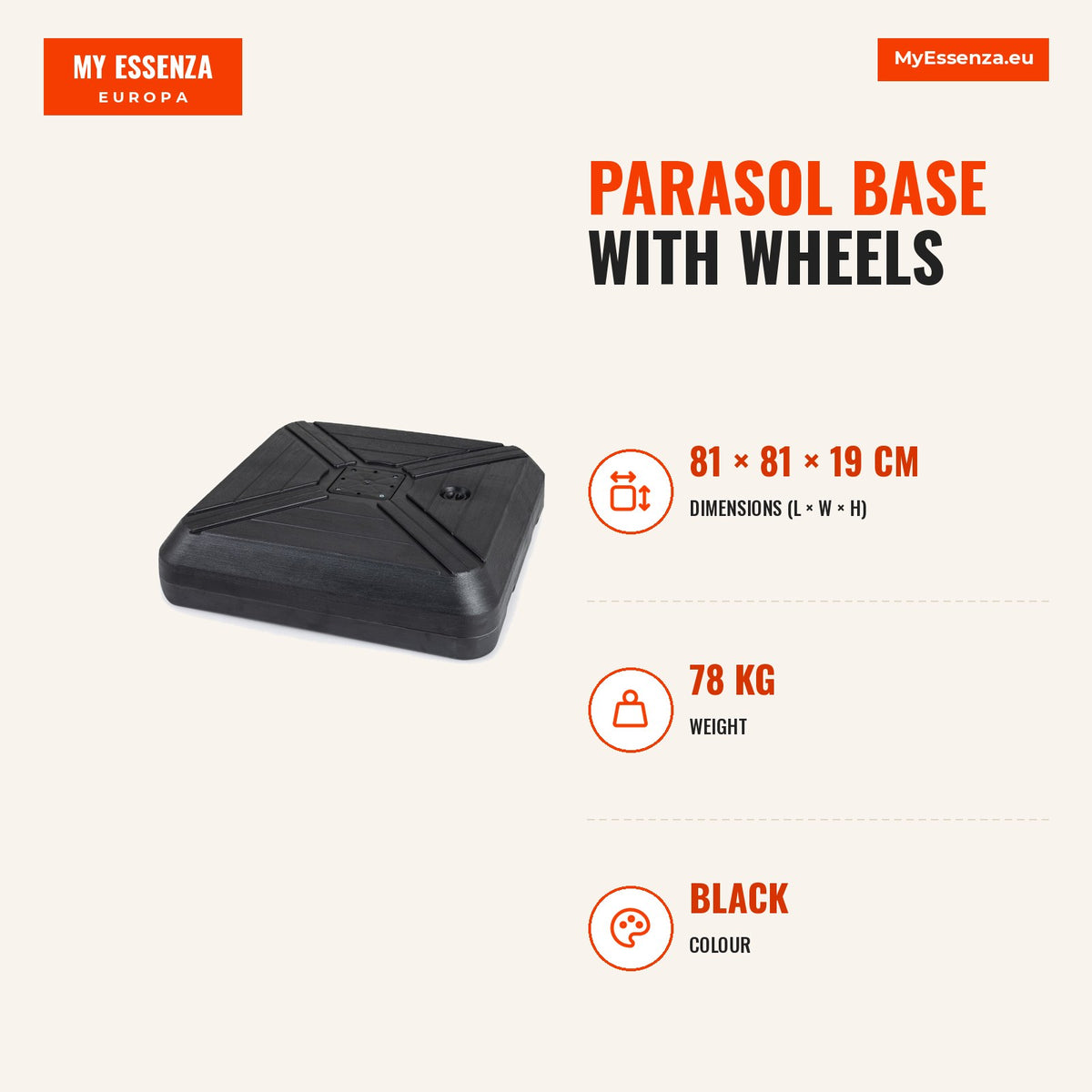 Base para Guarda-sol Suspenso com Rodas 81cm HDPE 125kg Areia Água — Infografia | Infographic — dimensions