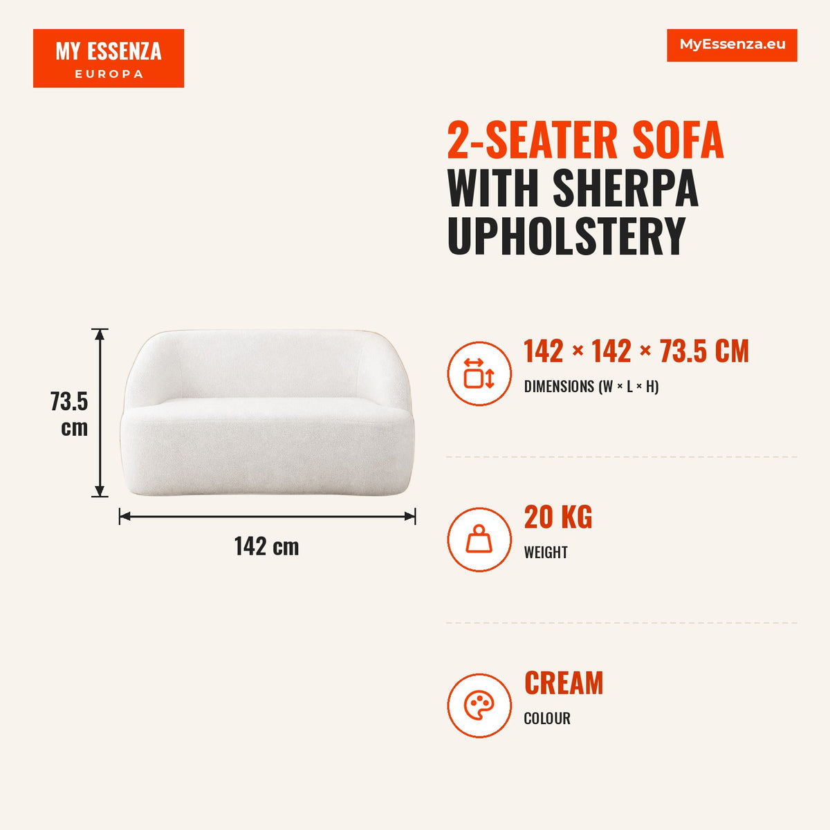 Sofá de 2 Lugares Estofado em Borreguito Sofá de Sala de Estar de 142 cm com Design Curvo e Acolchoamento Grosso Sem Necessidade de Montagem para Quar — Infografia | Infographic — dimensions