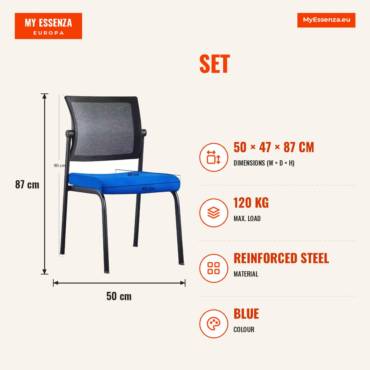 Pack 5 Cadeiras Confidente Beroli — Azul — Infografia | Infographic — dimensions