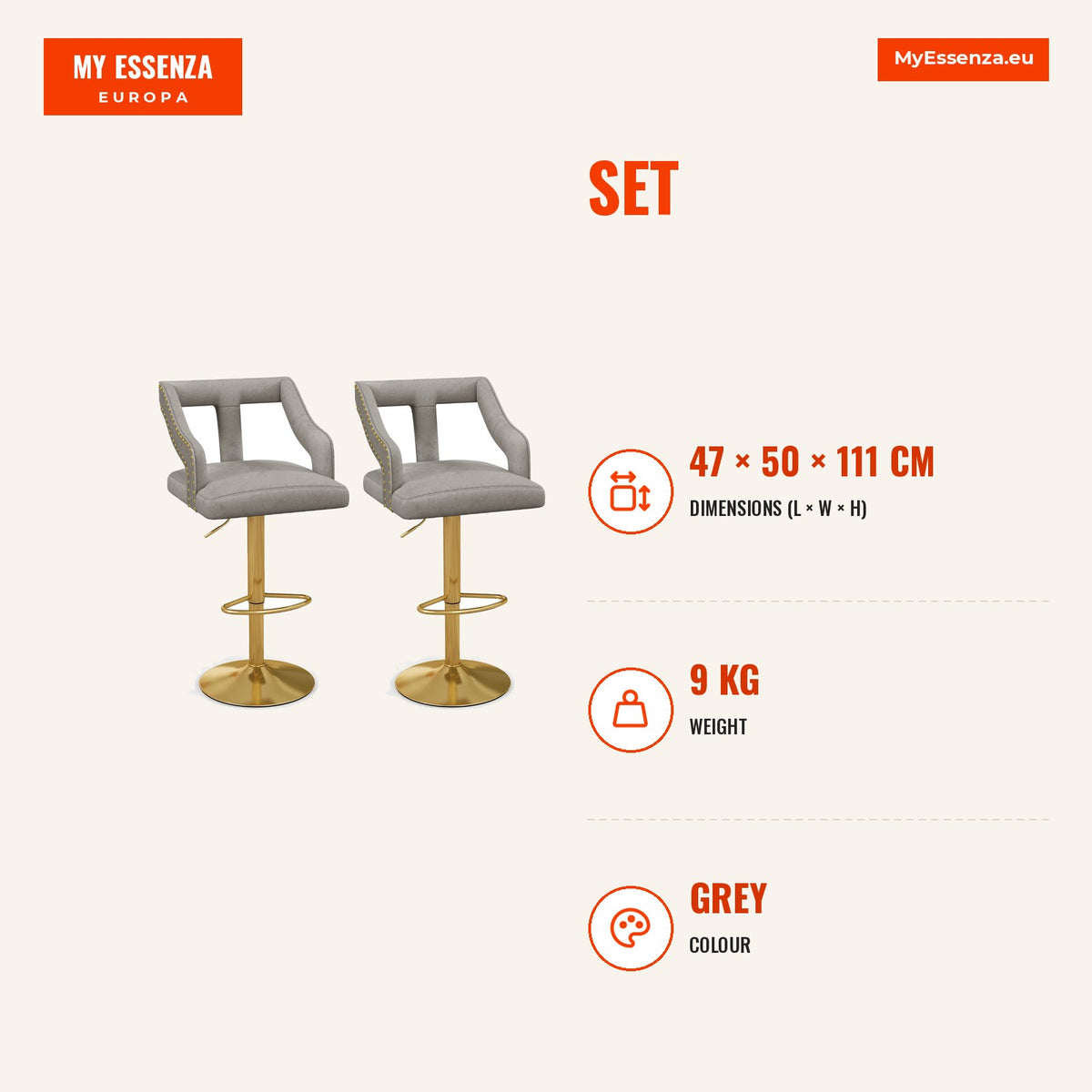 Conjunto 2 Cadeiras de Bar Giratórias Ajustáveis com Apoio Pés e Base Metal — Infografia | Infographic — dimensions