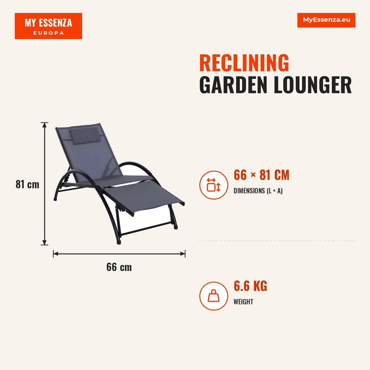 Espreguiçadeira de Jardim Reclinável com Encosto Ajustável de 5 Níveis Apoio para os Pés Regulável e Apoio para a Cabeça Removível para Terraço Balcão — Infografia | Infographic — dimensions