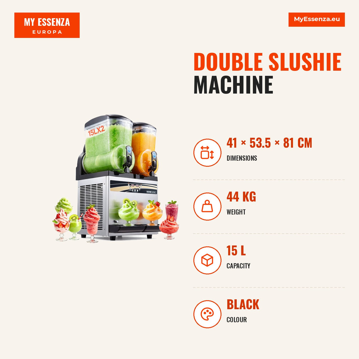 Máquina de Slushie dupla, 2 tanques 15L, aço inoxidável, controlo digital — Infografia | Infographic — dimensions