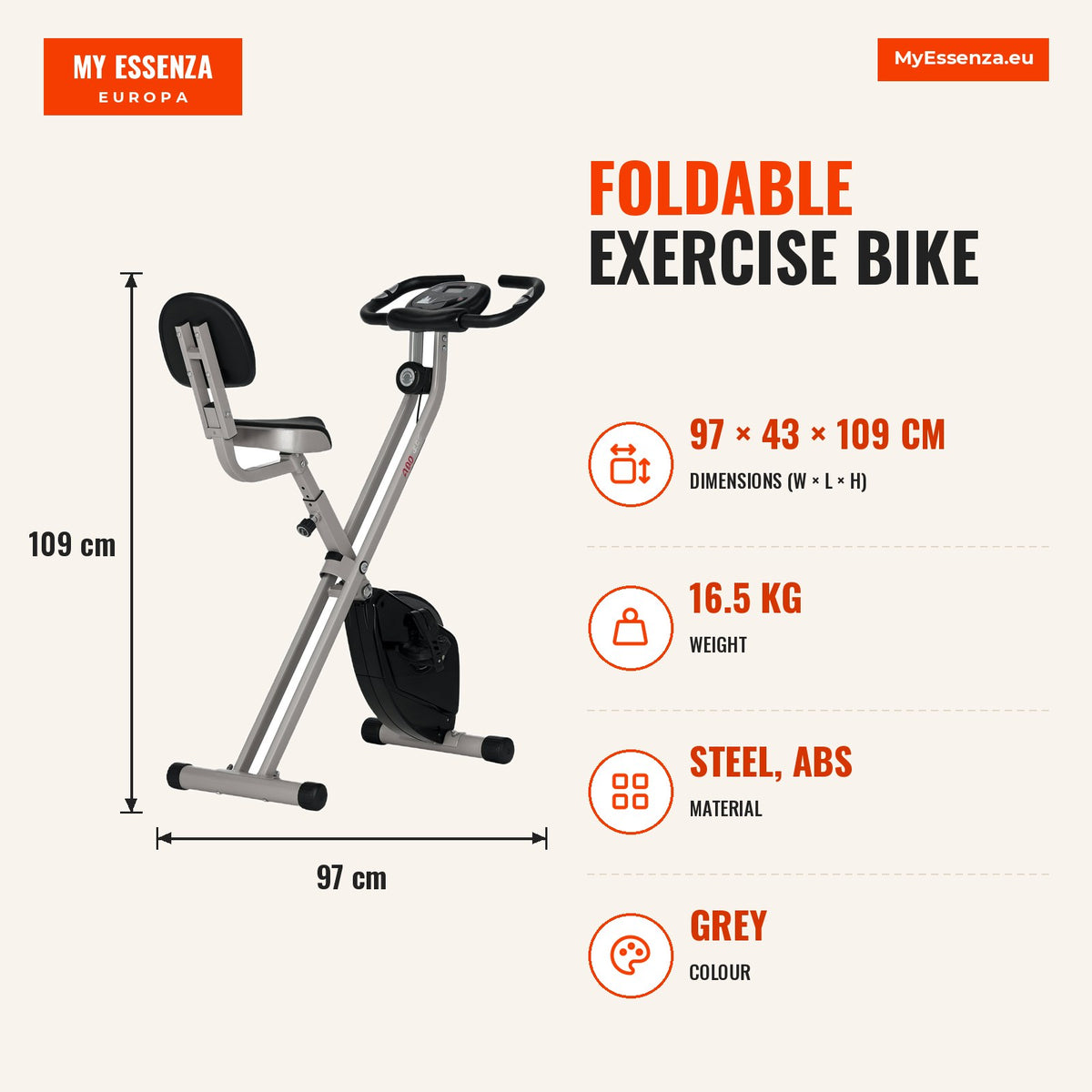 Bicicleta Estática Dobrável com 8 Níveis de Resistência Magnética Bicicleta Vertical com Volante de Inércia Ritmo Cardíaco Pulsómetro Assento Ajustáve — Infografia | Infographic — dimensions