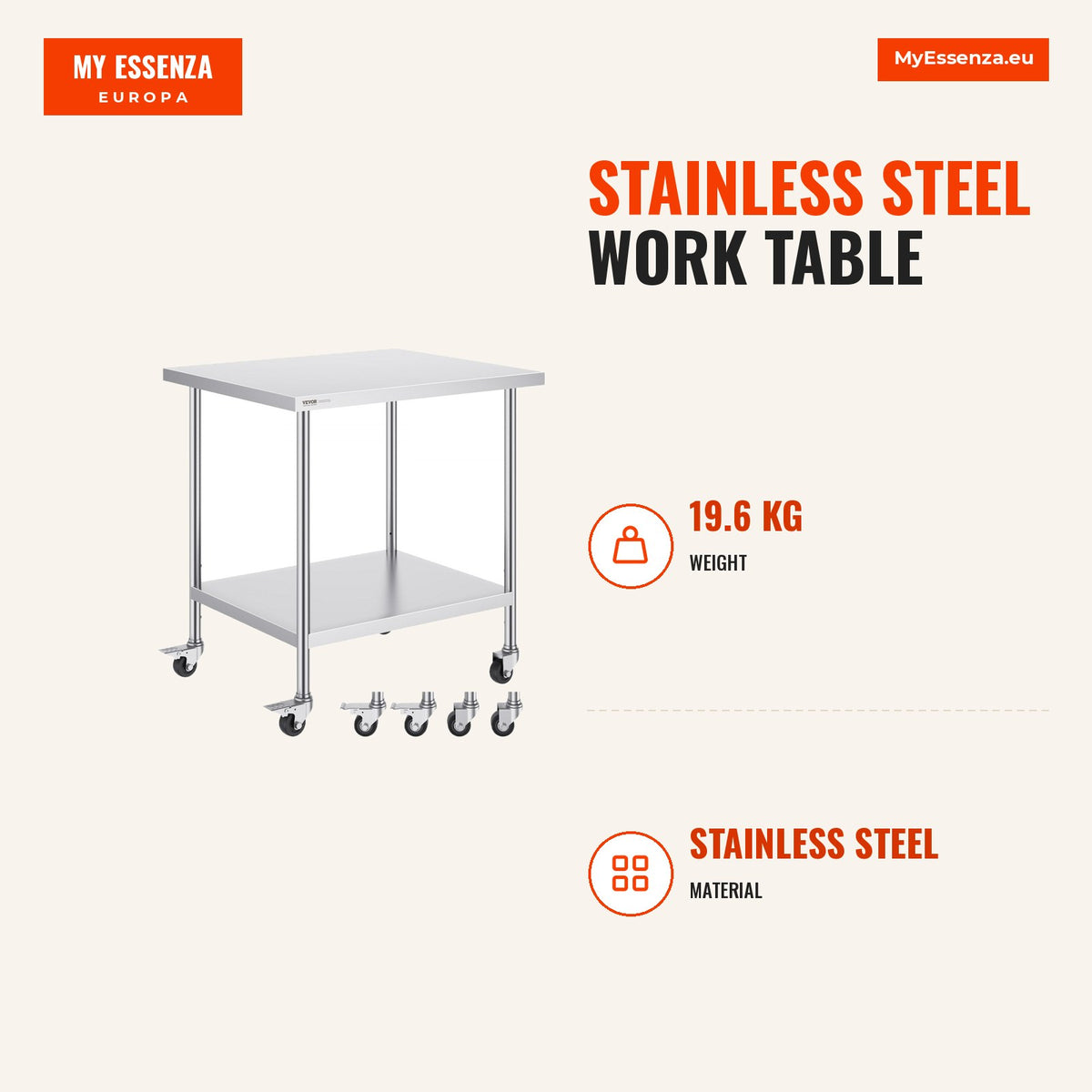 Mesa trabalho aço inoxidável 76 x 91 x 97 cm 4 rodas 3 níveis altura ajustável — Infografia | Infographic — dimensions