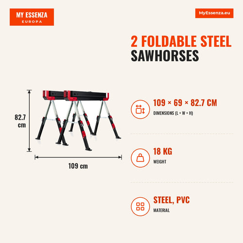 2 Cavaletes Dobráveis Aço 4 Braços Suporte Altura Ajustável 61,5-82,7cm Portáteis até 1180kg — Infografia | Infographic — dimensions