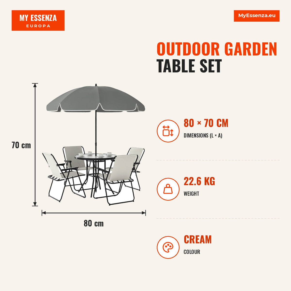 Conjunto de Mesa e Cadeiras de Jardim de 6 Peças Móveis de Jardim Exterior com 4 Cadeiras Dobráveis Mesa de Vidro e Chapéu de Sol para Terraço Pátio C — Infografia | Infographic — dimensions