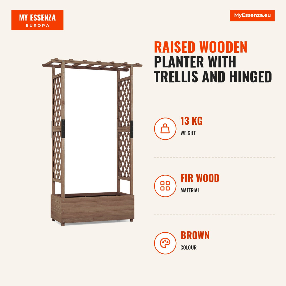 Jardinera Elevada em Madeira com Treliça e Tampa Suspensa com Orifício de Drenagem – Castanho — Infografia | Infographic — dimensions