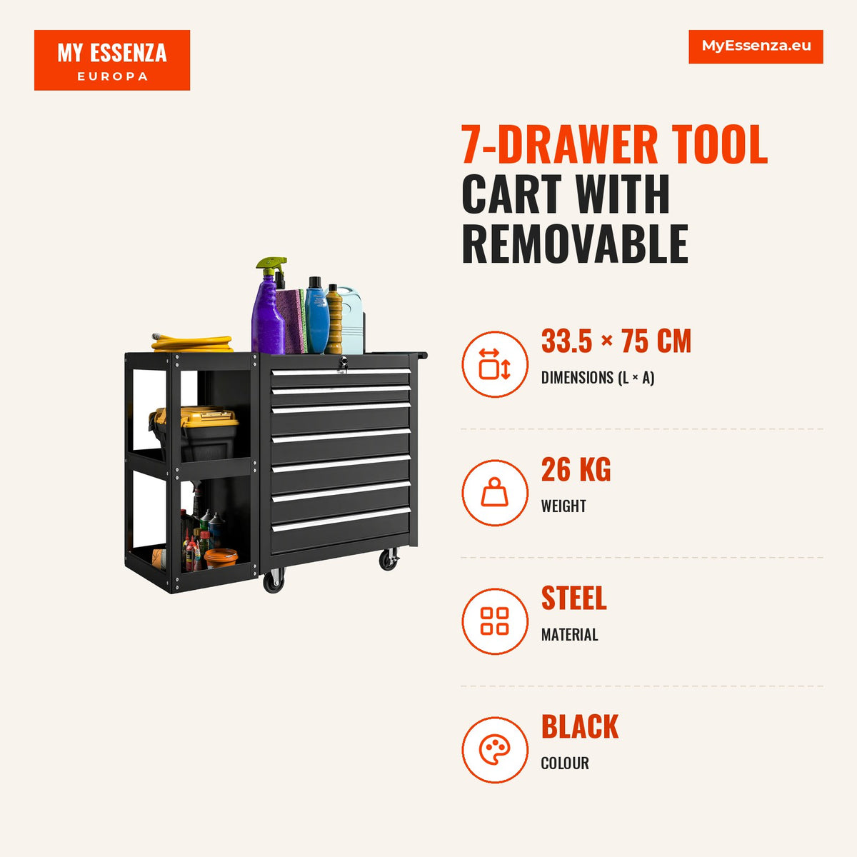Carrinho de Ferramentas com 7 Gavetas Carrinho de Oficina com Estante de 3 Níveis Removível Sistema de Fecho Central Asa 2 Rodas com Travão de Bloquei — Infografia | Infographic — dimensions