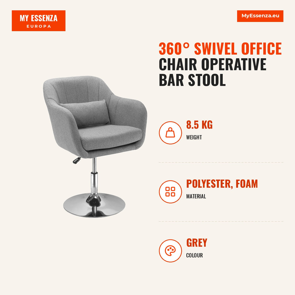 Cadeira de Escritório Operativa Giratória 360° Tamborete de Bar Cozinha Cabeleireiro com Encosto Envolvente Altura Ajustável Apoio para os Braços e Al — Infografia | Infographic — dimensions