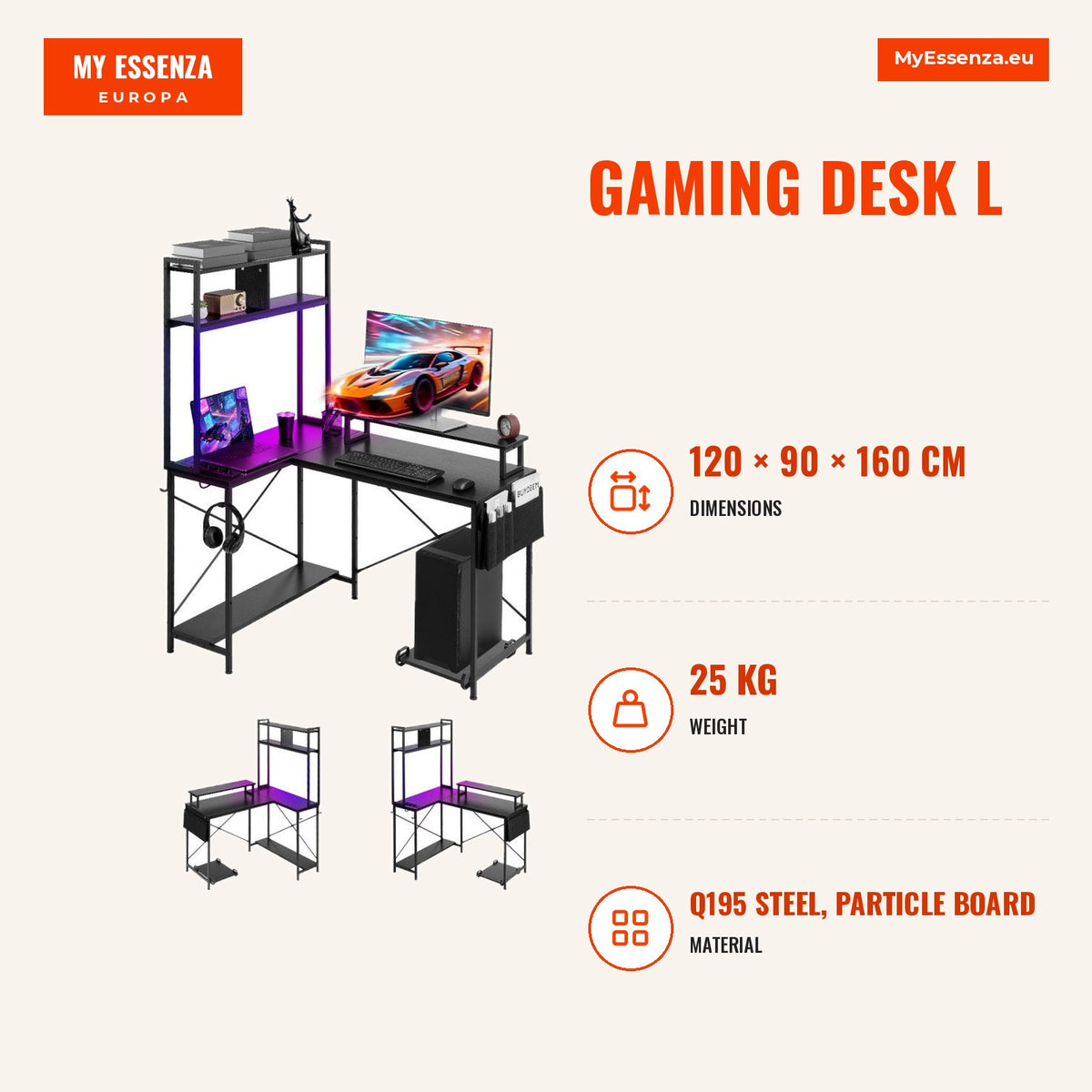 Secretária gaming L 1,2 m LED luzes canto suporte — Infografia | Infographic — dimensions