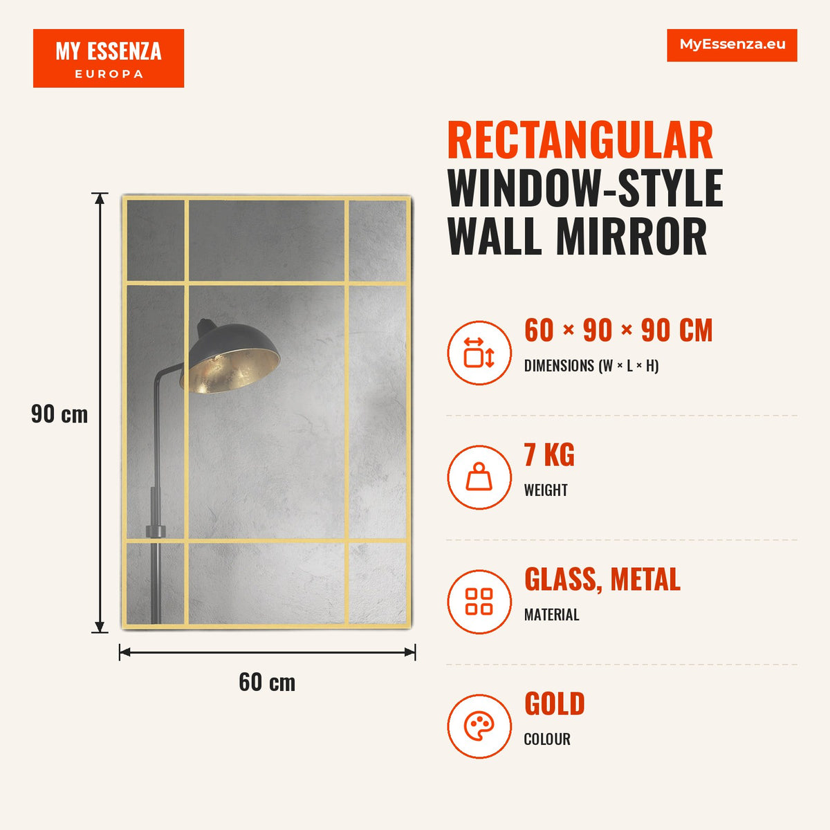 Espelho de Parede Retangular Espelho Estilo Janela 90x60 cm com Moldura de Metal Espelho Decorativo para Sala Quarto Entrada Dourado — Infografia | Infographic — dimensions