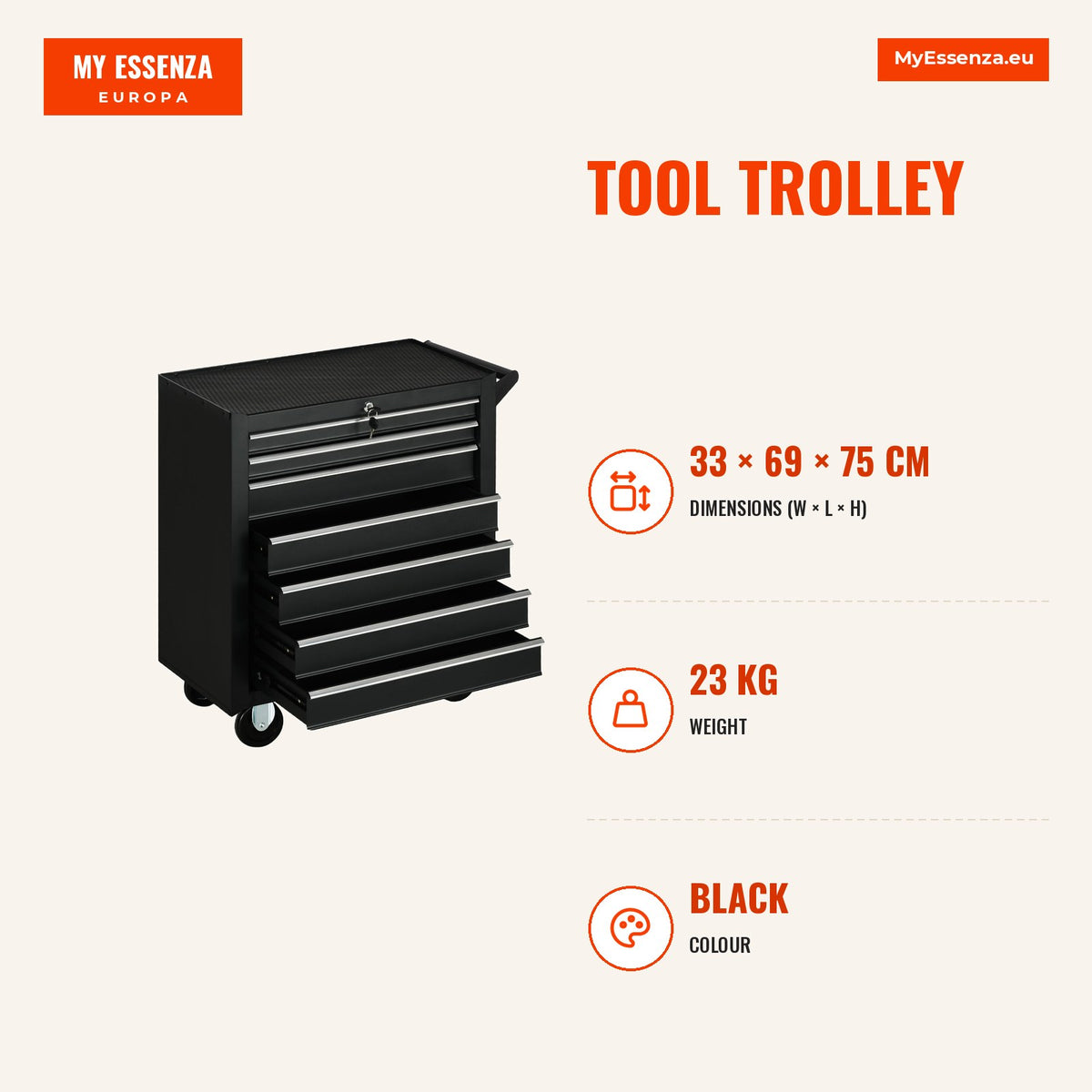 Carrinho de Ferramentas com 7 Gavetas Rodas Trava Armário de Armazenamento para Oficina de Garagem e Chapa de Aço 69x33x75 cm Preto — Infografia | Infographic — dimensions