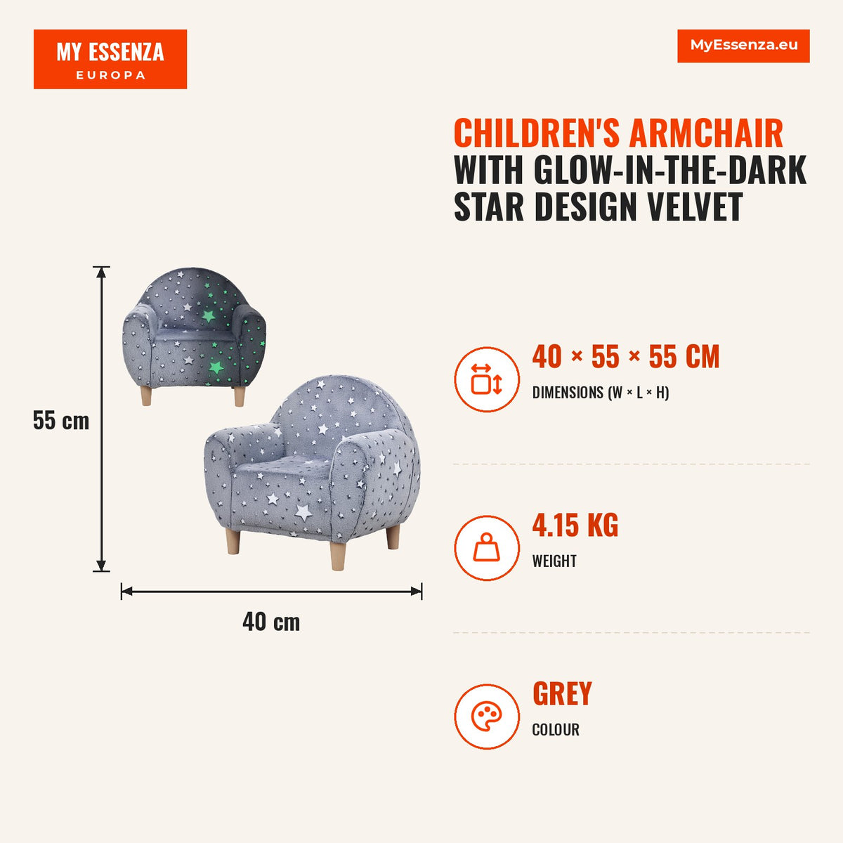 Poltrona para Crianças com Desenho de Estrelas que Brilham no Escuro Sofá para Crianças de 18-36 Meses Tecido Suave de Veludo Apoios de Braços Carga 4 — Infografia | Infographic — dimensions