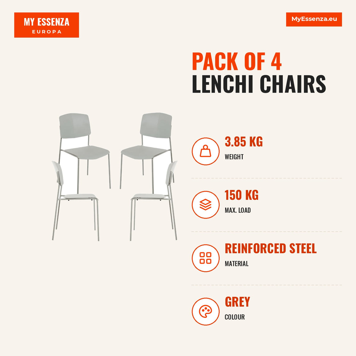 Pack 4 Cadeiras Lenchi — Cinza — Infografia | Infographic — dimensions