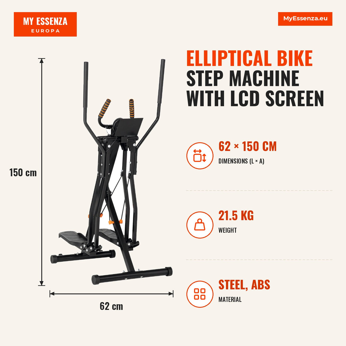 Bicicleta Elíptica Máquina de Step com Ecrã LCD Resistência Ajustável Sensor de Frequência Cardiaca e Rodas para Treino em Casa Giásio 90x62x150 cm Pr — Infografia | Infographic — dimensions