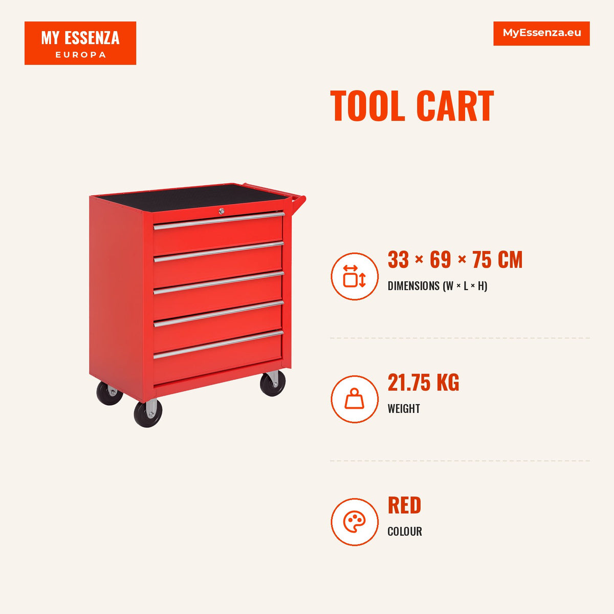 Carrinho de Ferramentas com 5 Gavetas Rodas Trava Armário de Armazenamento para Oficina de Garagem e Chapa de Aço 69x33x75 cm Vermelho — Infografia | Infographic — dimensions