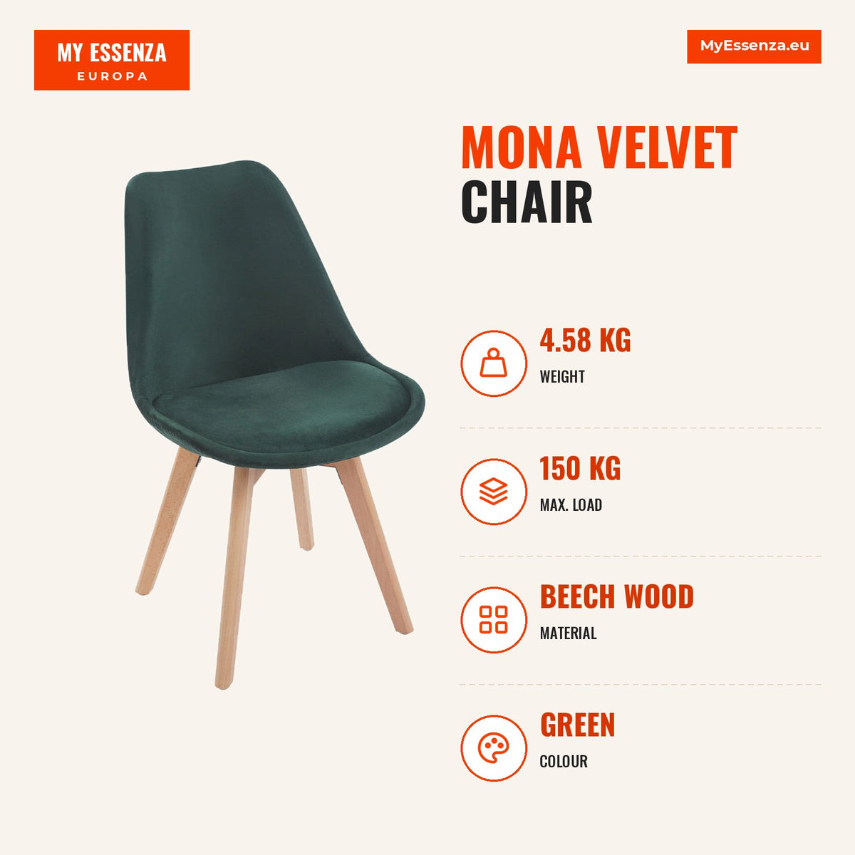 Cadeira Mona Veludo — Verde — Infografia | Infographic — dimensions