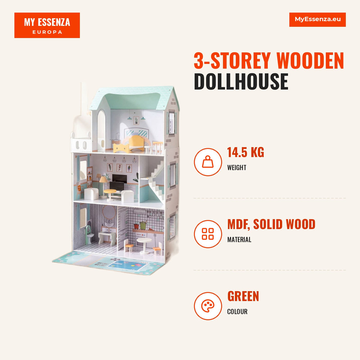 Casa de Bonecas de Madeira 3 Pisos com 18 Peças de Móveis e Escadas — Infografia | Infographic — dimensions