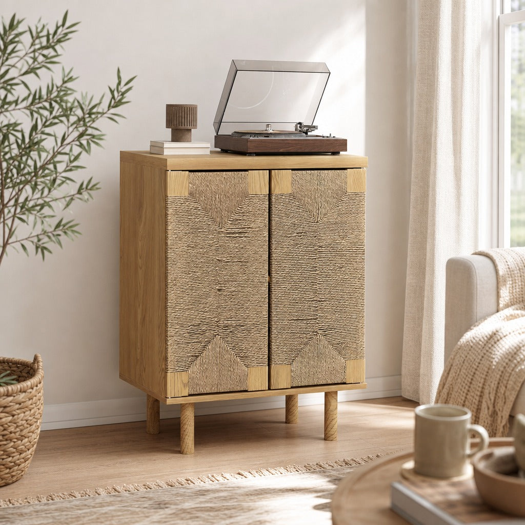 Aparador Boémio de 2 Portas com Corda Tecida à Mão Aparador de Sala com Prateleira Ajustável Abertura por Pressão Pés de Madeira 60x40x78 cm Carvalho — Ambiente | Lifestyle