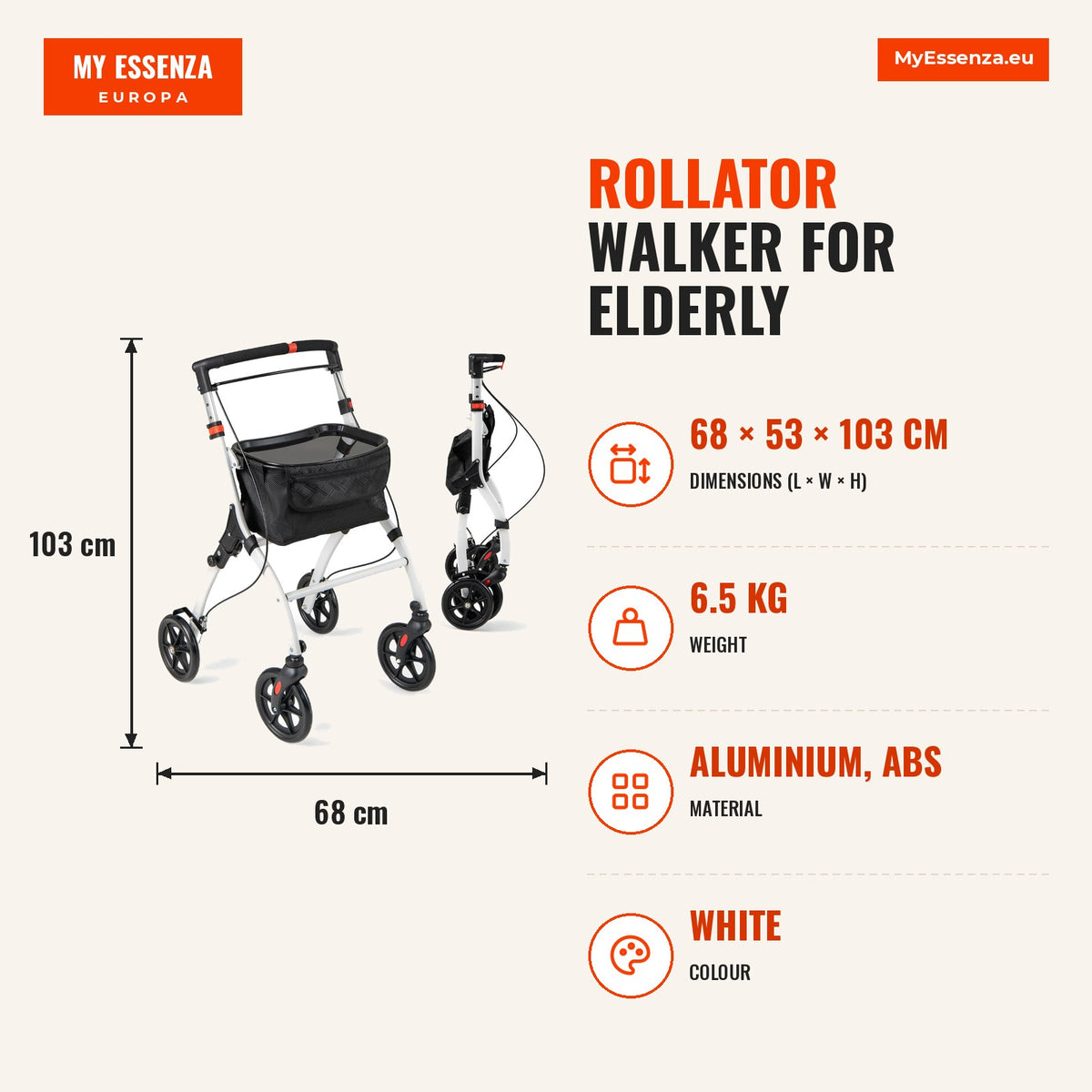 Andador Rollator para Idosos com 4 Rodas, Altura Ajustável e Cesta de Armazenamento Branco — Infografia | Infographic — dimensions