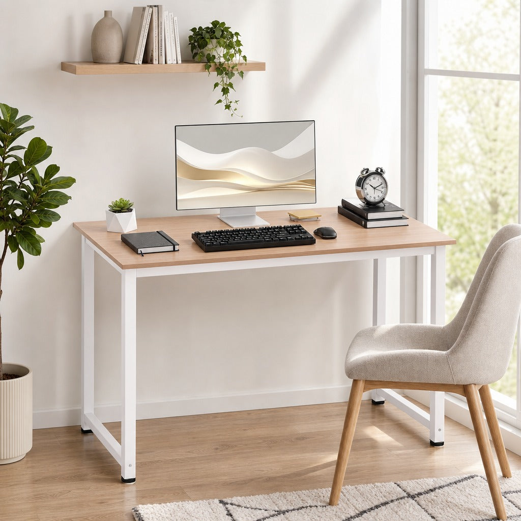 Secretária Moderna Mesa de Estudo com Estrutura de Aço e Pés Ajustáveis Mesa de Computador para Escritório Casa 120x60x76 cm Branco e Madeira — Ambiente | Lifestyle