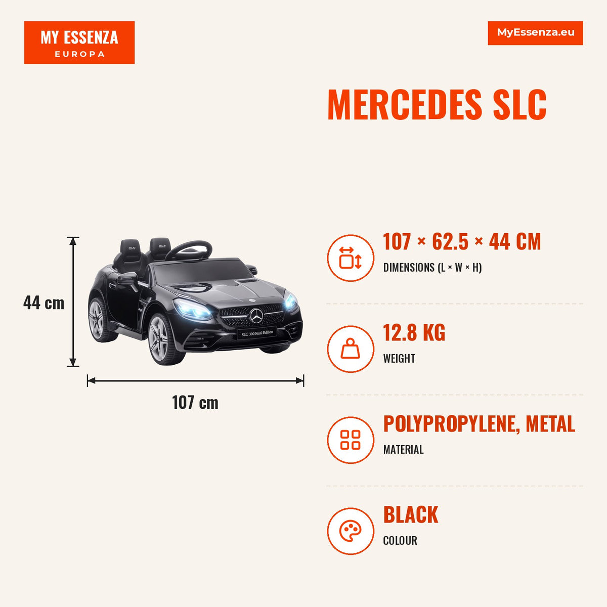 Carro Elétrico Mercedes SLC 300 12V para Crianças de 3-6 Anos com Controlo Remoto Faróis LED Buzina Música TF USB e Abertura da Porta 3-5km/h 107x62,5 — Infografia | Infographic — dimensions