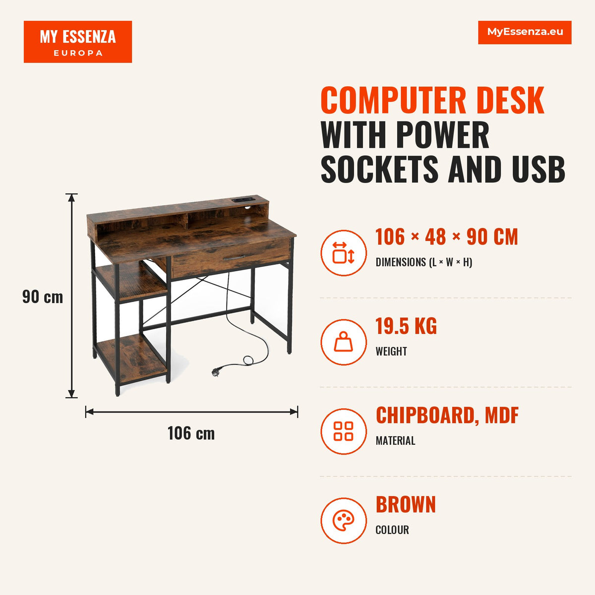 Secretária de Computador com Tomadas e Carregamento USB - Estrutura Castanha — Infografia | Infographic — dimensions