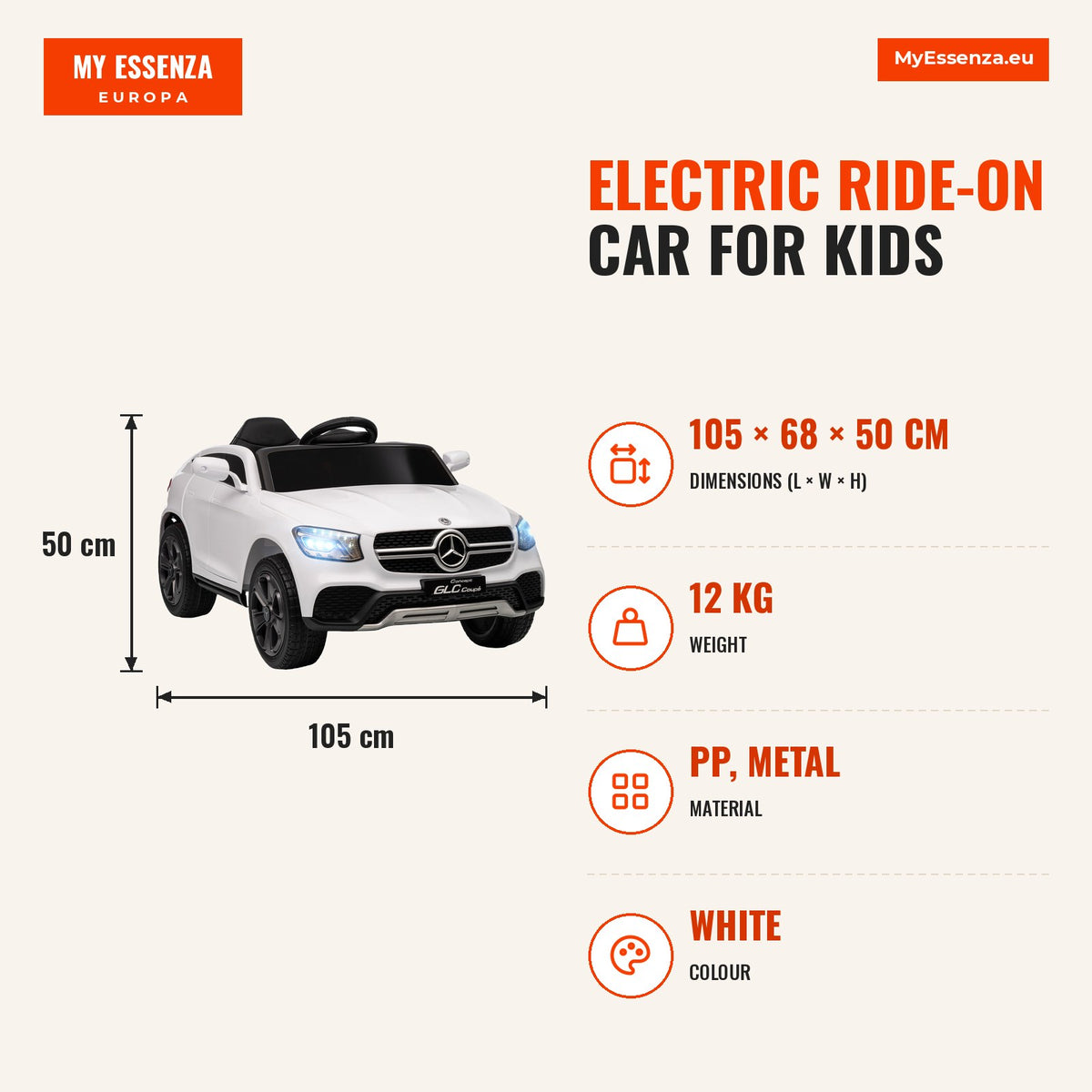 Carro Elétrico para Crianças, Mercedes-Benz GLC Coupé, Carro a Bateria 12V, com Controlo Remoto 2,4G, Motor Duplo, MP3, Buzina e Faróis LED, para Cria — Infografia | Infographic — dimensions