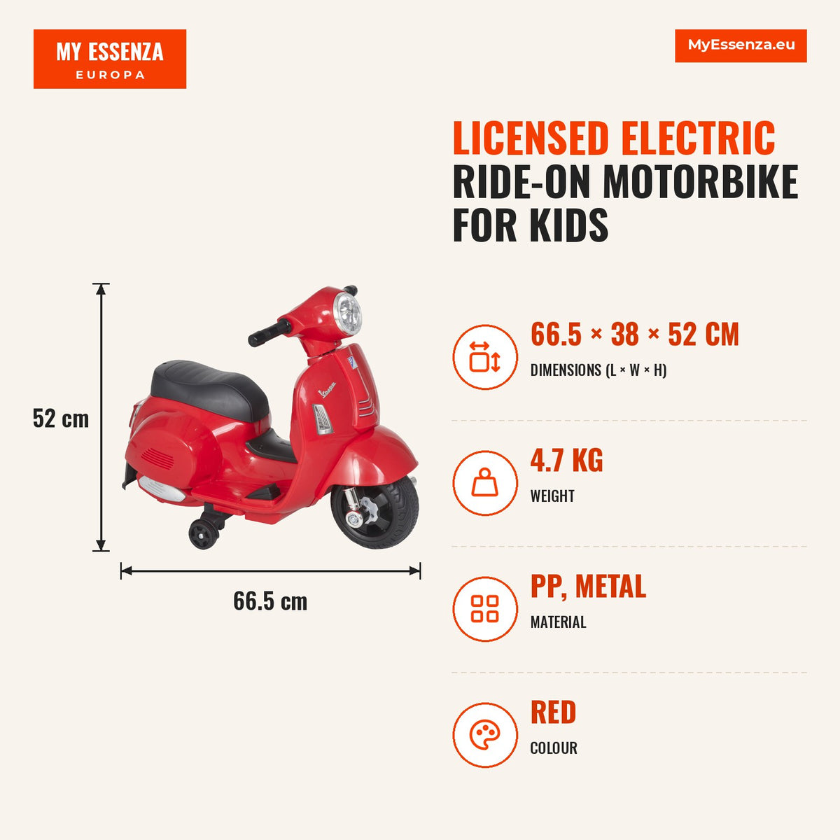 Mota elétrica para crianças com licença acima de 18 meses com faróis buzina e 4 rodas licenciadas 66,5x38x52 cm Vermelho — Infografia | Infographic — dimensions