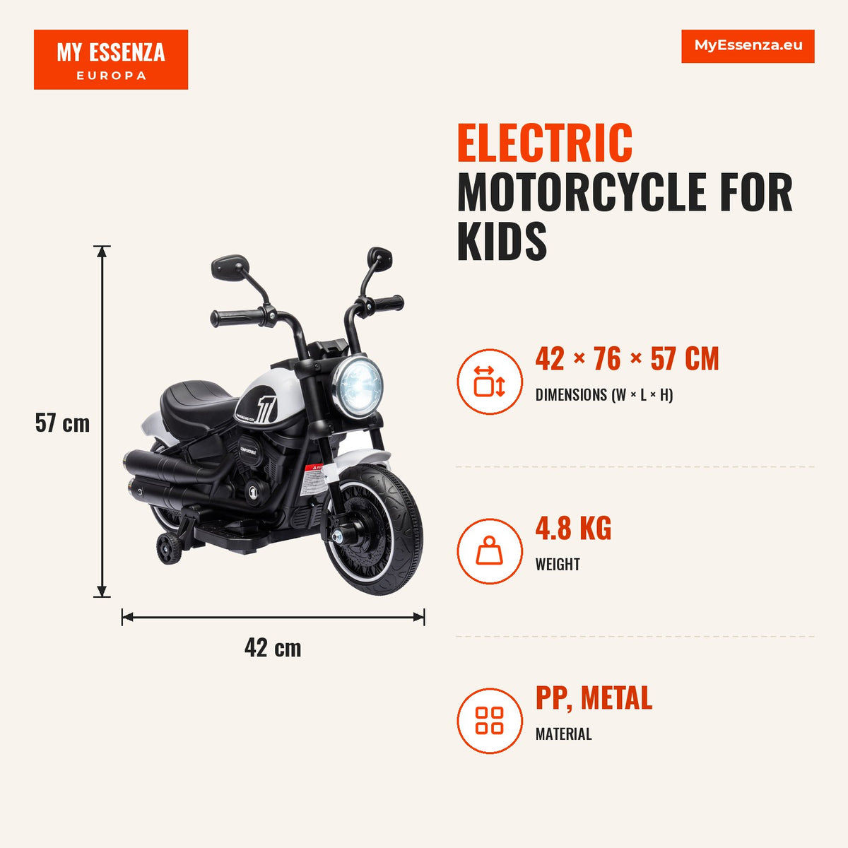 Motocicleta Elétrica para Crianças de 18-36 Meses Motocicleta Elétrica Infantil com Bateria 6v Farol e Rodas Auxiliares Removíveis Carga 25 kg 76x42x5 — Infografia | Infographic — dimensions