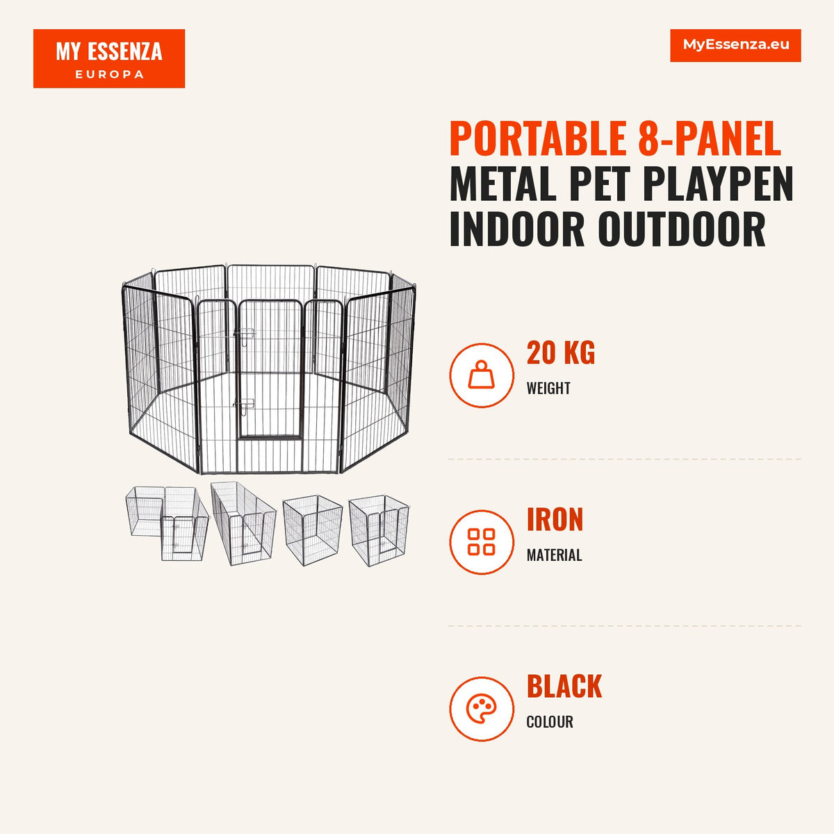 Parque para Animais 8 Painéis Metálicos Portátil Interior Exterior Preto — Infografia | Infographic — dimensions