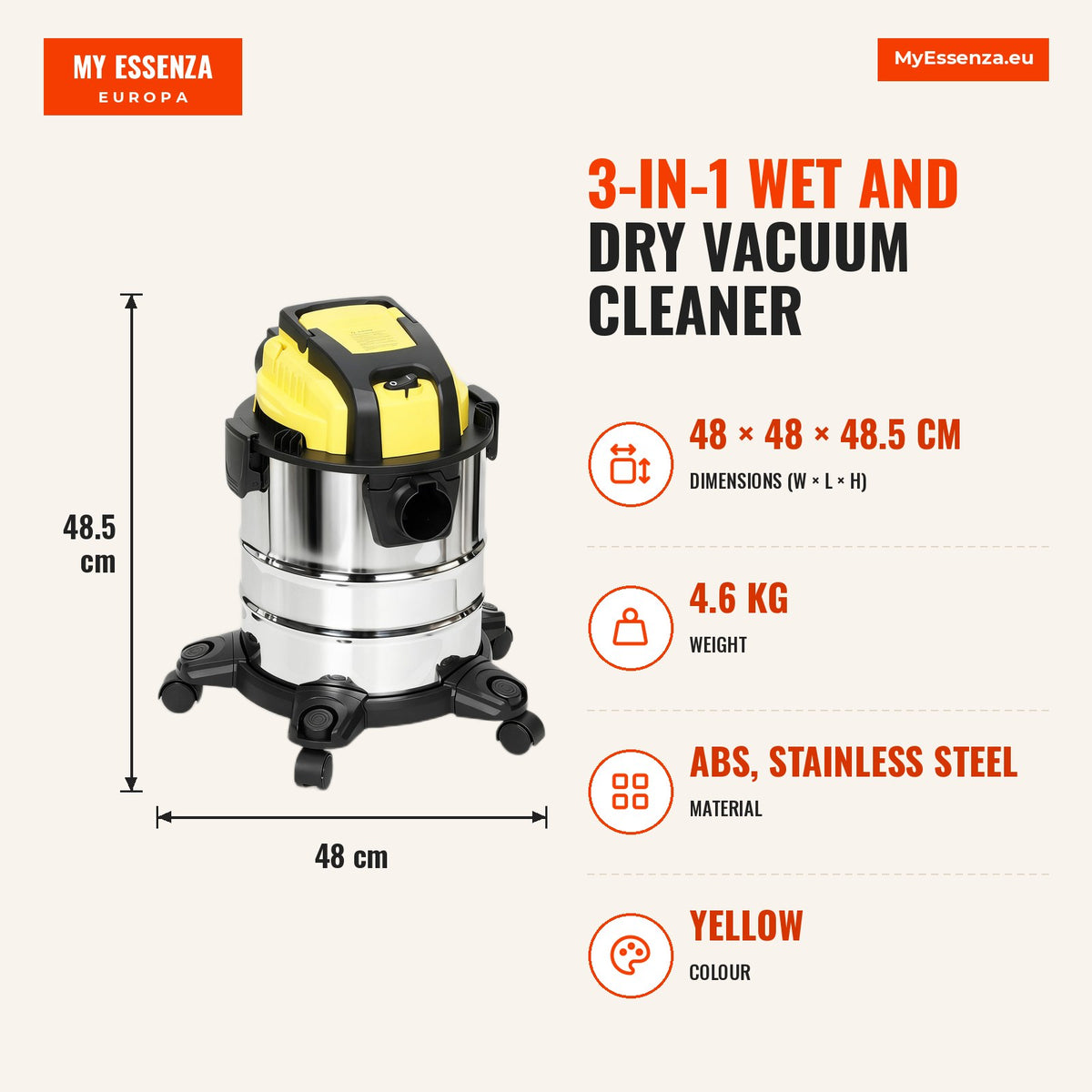 Aspirador Seco e Húmido 3 em 1 1200W com Função de Soprador Mangueira 2 m Depósito Inoxidável 20L Triplo Filtro Bocal para Pisos e Fendas 48x48x48,5 c — Infografia | Infographic — dimensions