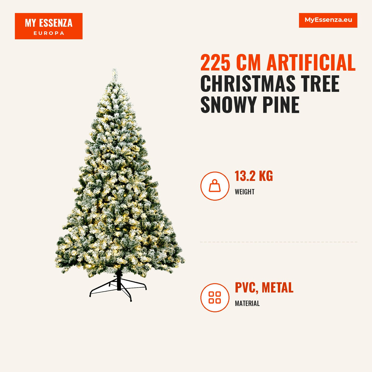 Árvore de Natal Artificial 225 cm Pinho Nevado 550 Luzes LED Base Metal Dobrável — Infografia | Infographic — dimensions