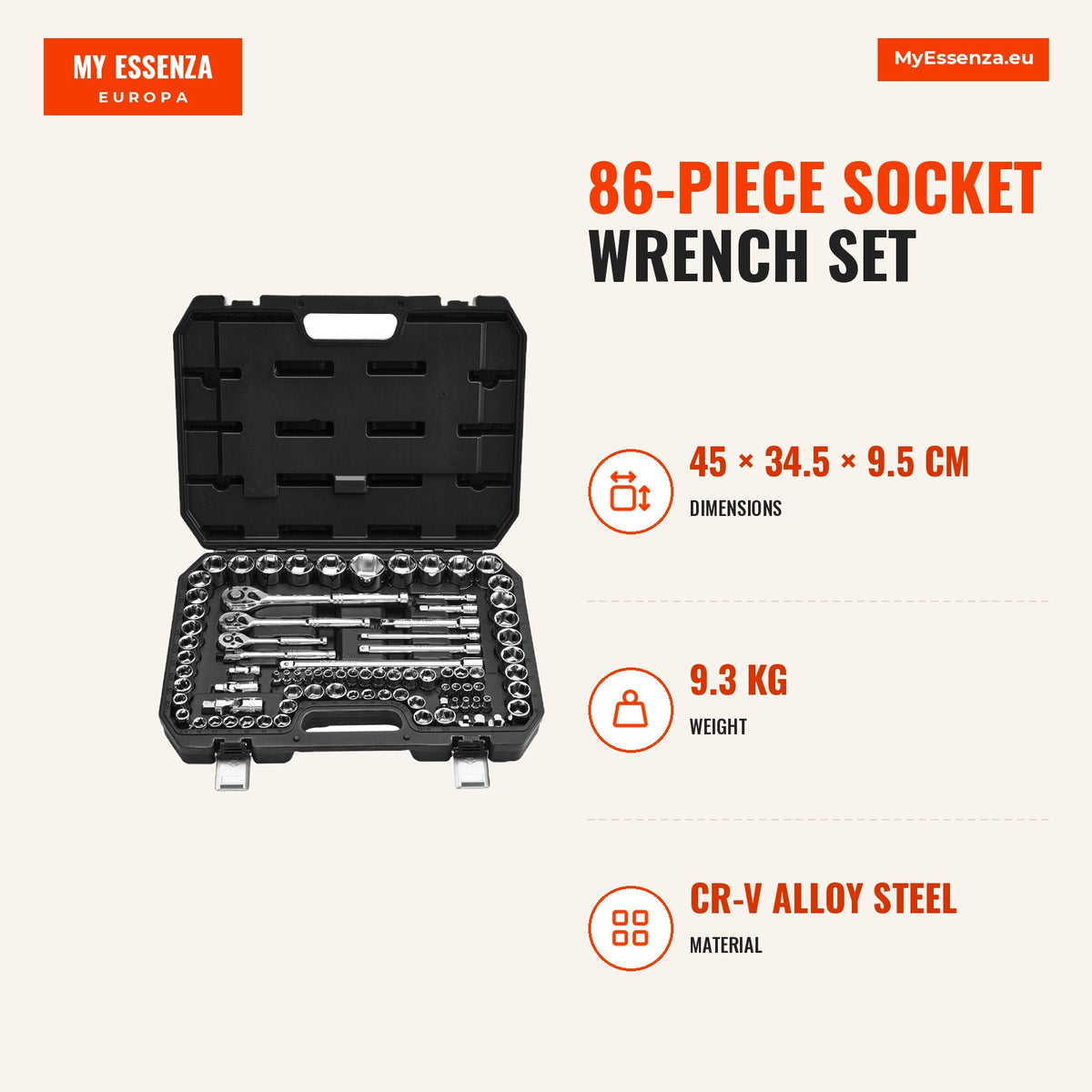 Conjunto de chaves de soquete 86 peças, CR-V, 9,5/6,4/12,7 mm, estojo — Infografia | Infographic — dimensions