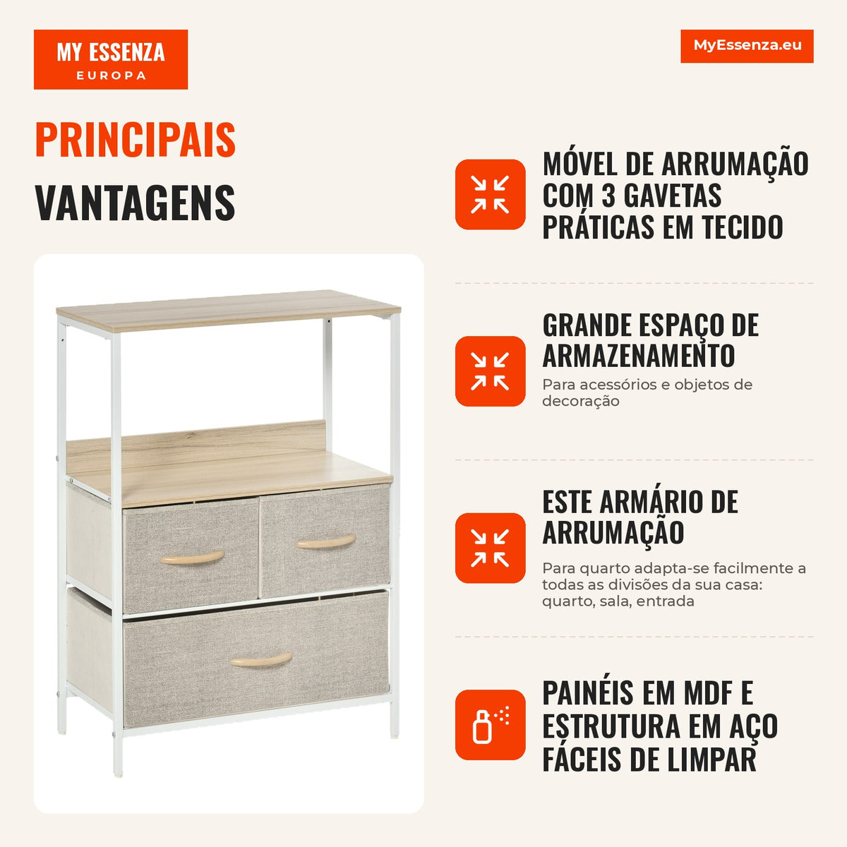 Cômoda móvel de arrumação com 3 gavetas em tecido, prateleira e tampo superior, 58L x 29P x 81,5H cm — infografia 1
