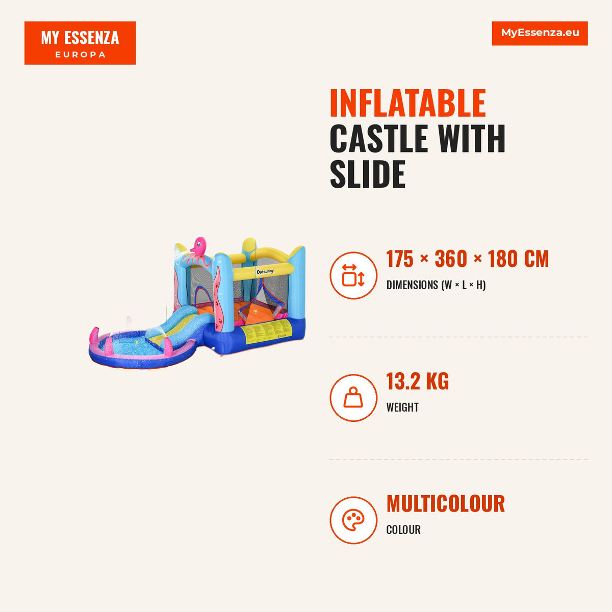 Castelo Insuflável com Escorrega Trampolim e Piscina para Crianças acima de 3 Anos Inclui Insuflador e Bolsa de Transporte para Interior e Exterior 36 — Infografia | Infographic — dimensions