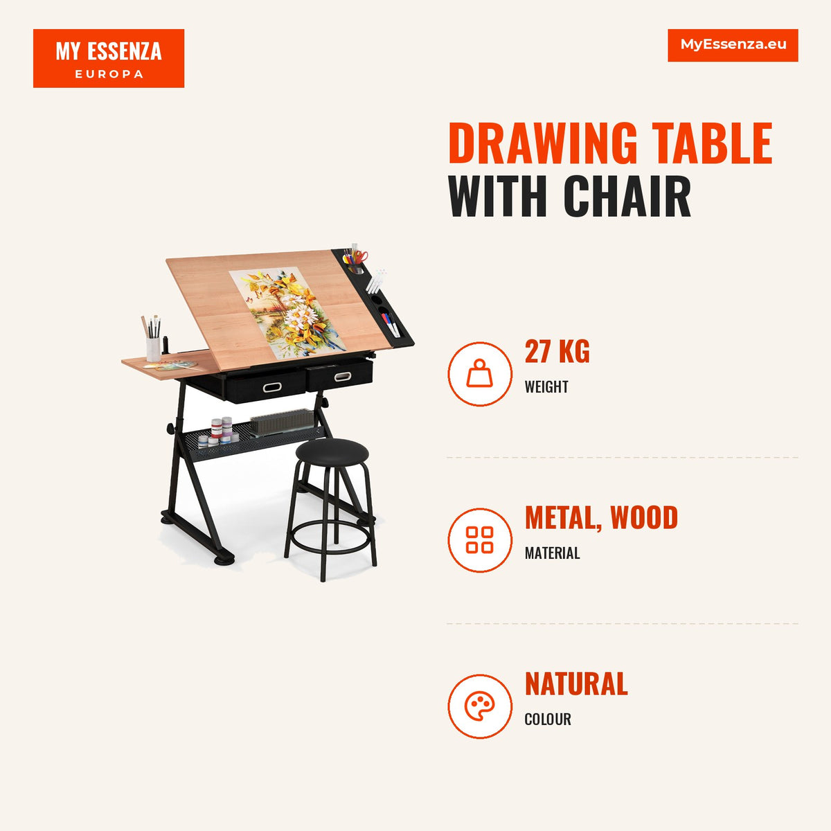 Mesa de Desenho com Cadeira - Altura e Ângulo Ajustáveis - 2 Gavetas - Madeira Natural — Infografia | Infographic — dimensions