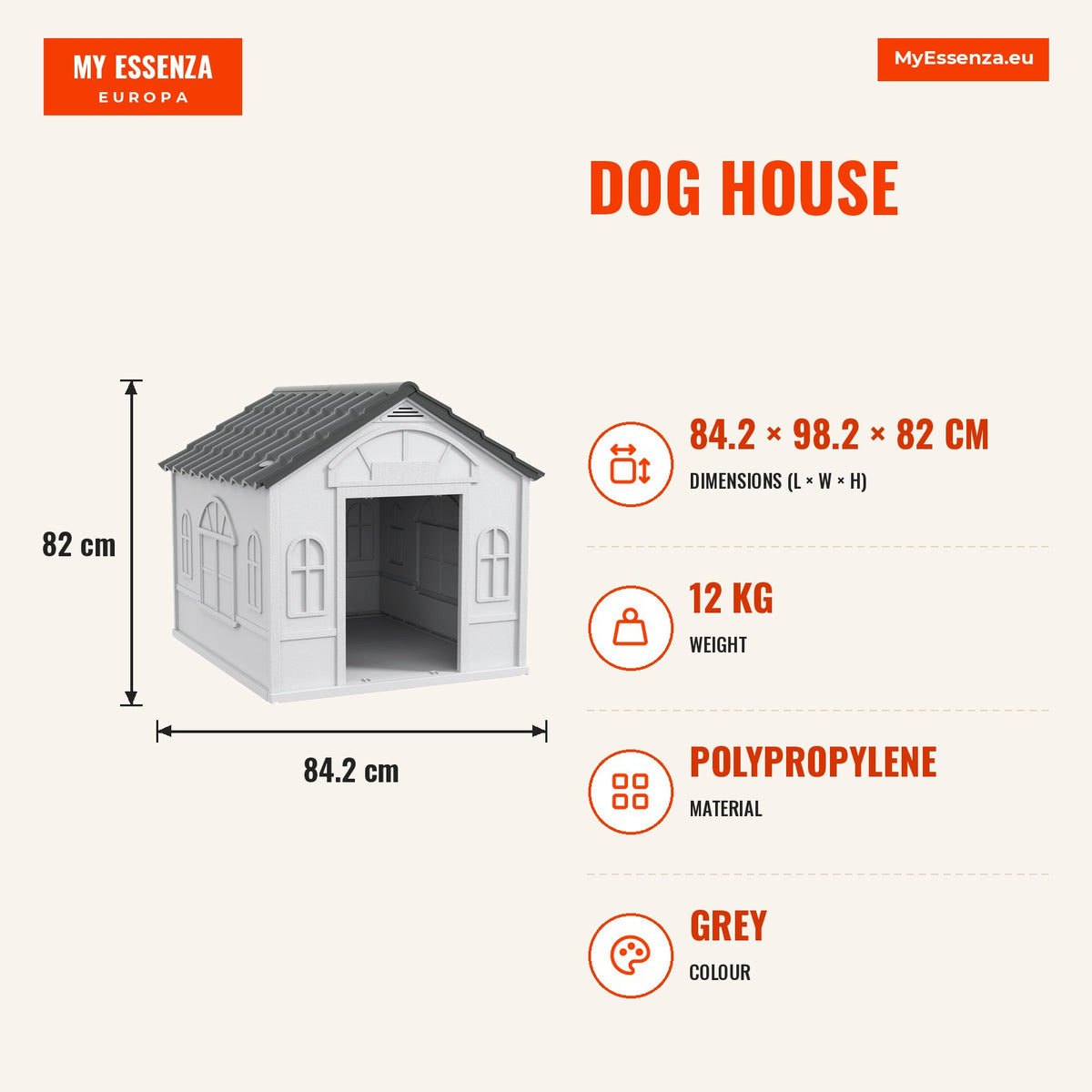 Casa para Cães 84,2x98,2x82 cm Casa para Cães com Janelas e Teto com Imitação de Telhas Casota para Cães Cinza — Infografia | Infographic — dimensions