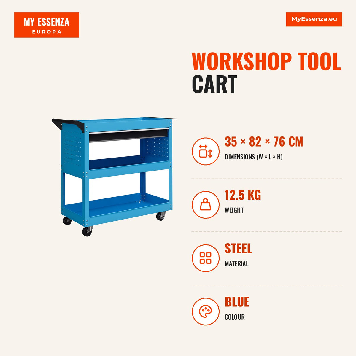 Carrinho de Ferramentas Carrinho de Oficina com 3 Bandejas e Gaveta Rodas com Travões Pega Lateral Painel Lateral Perfurado para Garagem Mecânica Casa — Infografia | Infographic — dimensions