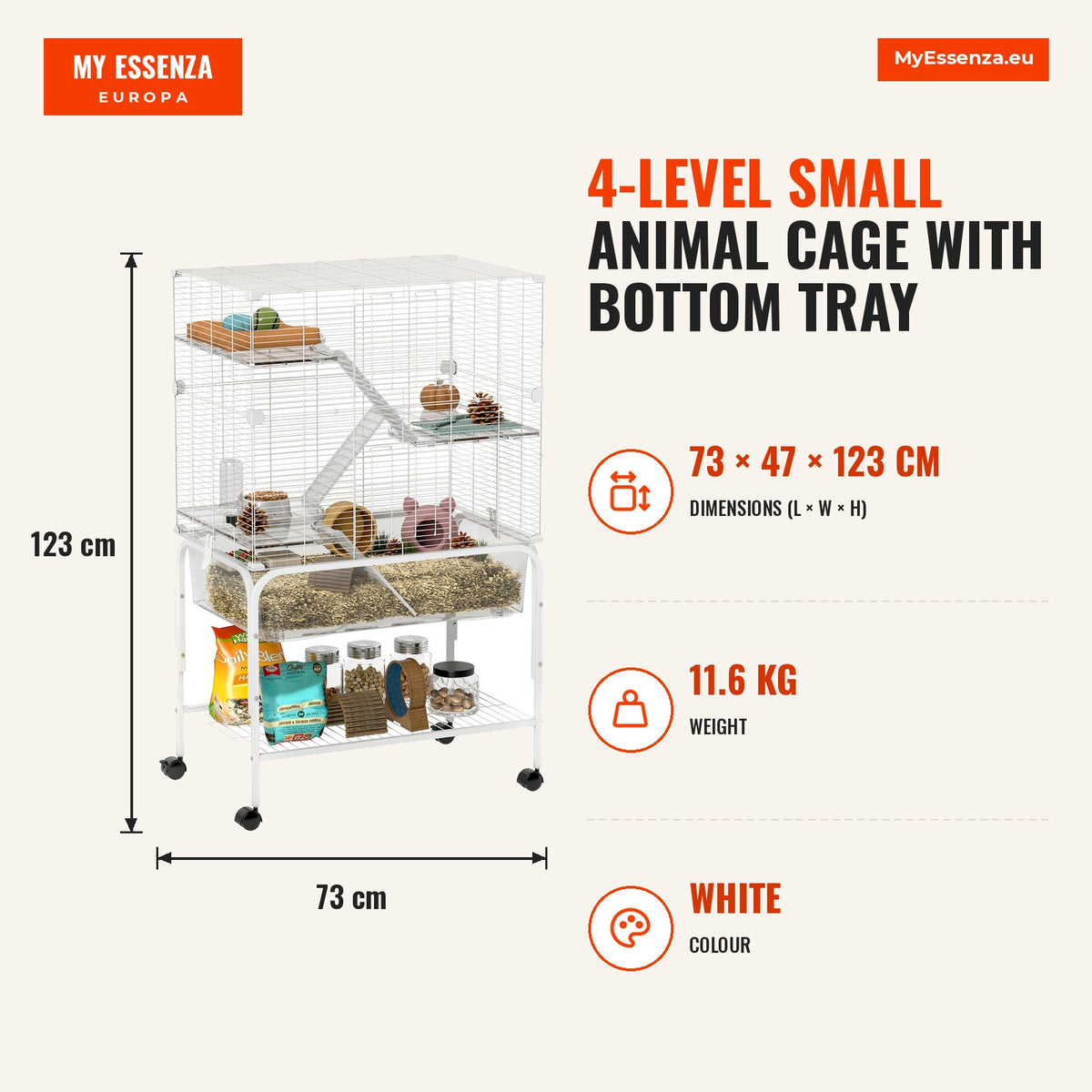 Gaiola para Pequenos Animais de 4 Níveis com Bandeja Inferior Gaiola para Roedores com Rodas Rampas Comedouro e Bebedouro Recinto para Chinchilas 73x4 — Infografia | Infographic — dimensions