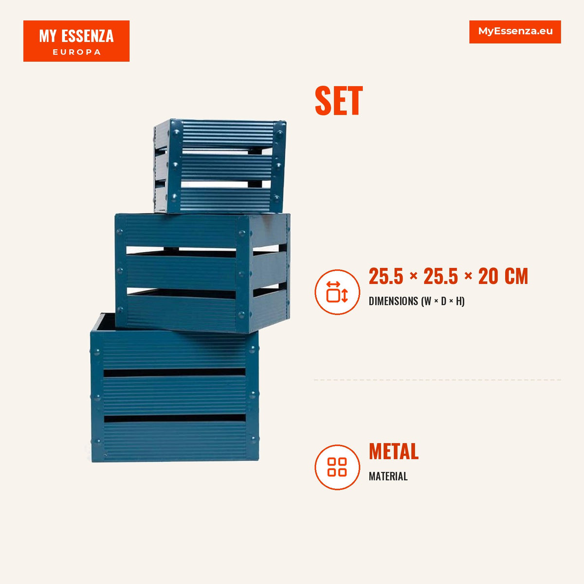 Conjunto de 3 Caixas Metálicas Meyer — Azul Petróleo — Infografia | Infographic — dimensions