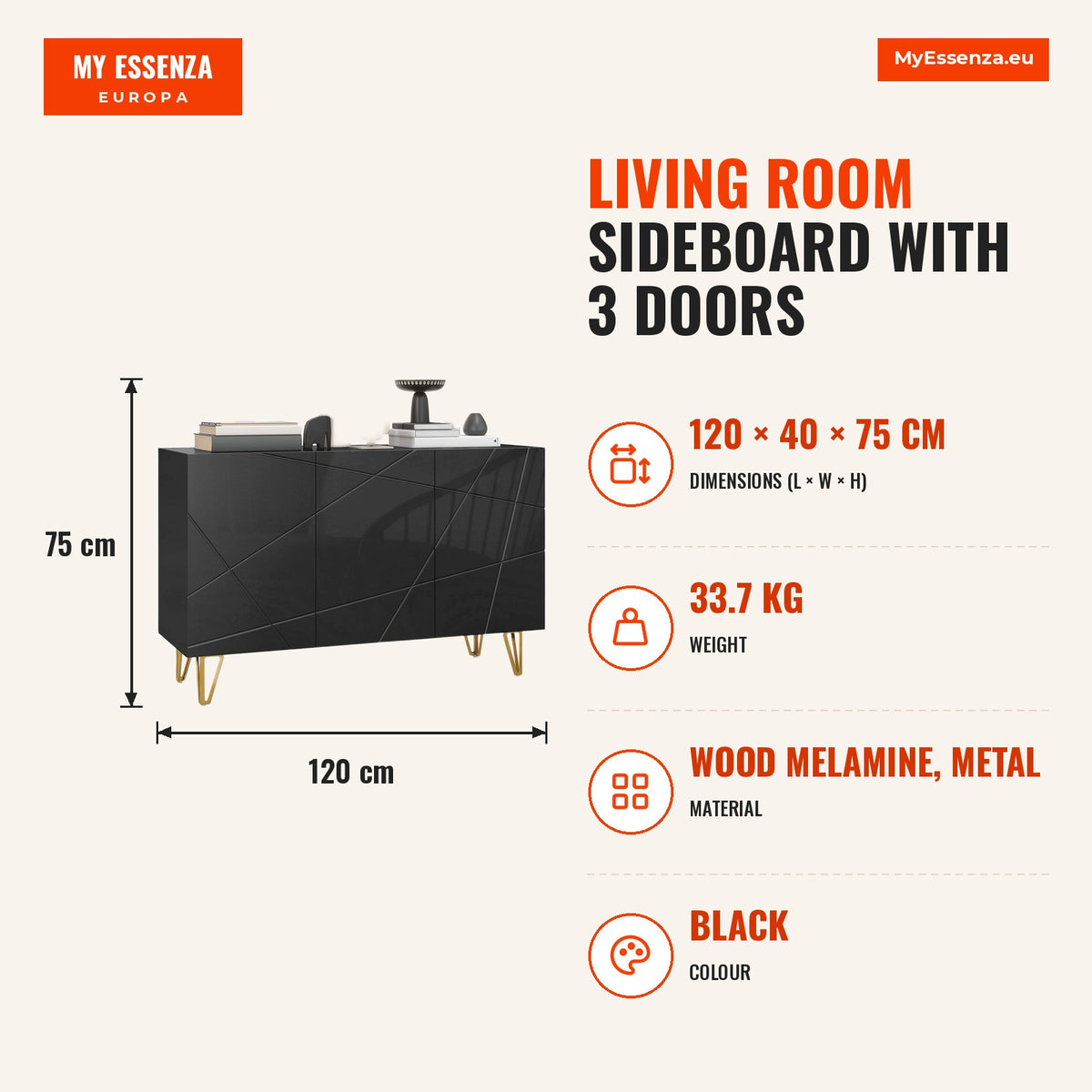 Aparador para Sala Aparador de Entrada com 3 Portas e Prateleiras Ajustáveis Armário de Armazenamento para Cozinha Sala 120x40x75 cm Preto Brilhante — Infografia | Infographic — dimensions