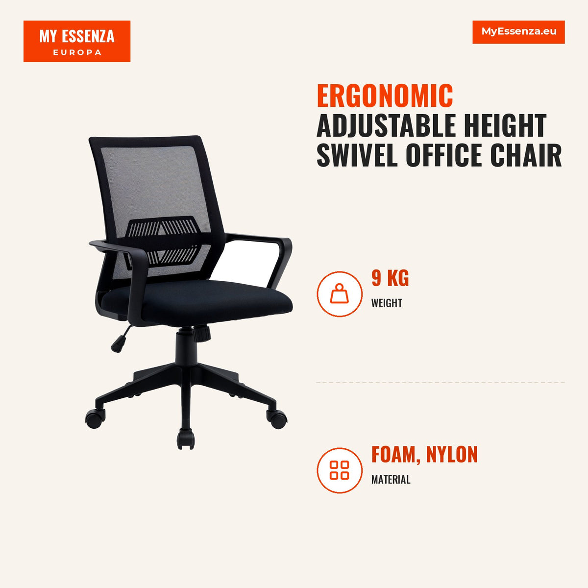 Cadeira de escritório ergonômica giratória ajustável em altura com apoio de braços e apoio lombar Tecido respirável 61x58.5x89-99 cm Preto — Infografia | Infographic — dimensions